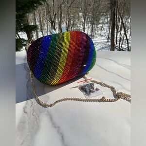 OLGA BERG Rainbow POT OF GOLD Hotfix Oval Clutch Bag chain